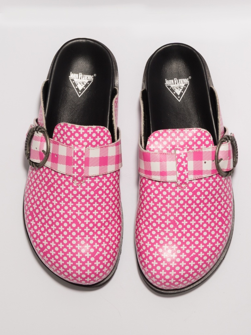 John Fluevog Chillville Bean Bag pink XO buckle clog pink & white pattern 10 - Picture 3 of 12